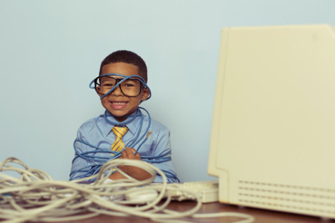 A young IT professional happily looks over a large pile of tangled internet cables on his desk. He is dressed in a blue shirt, tie and glasses while looking over worked and tired in front of light blue backround. Retro styling.
