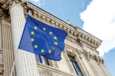 European Union flag flying outside the Bourse in Brussels, Belgium