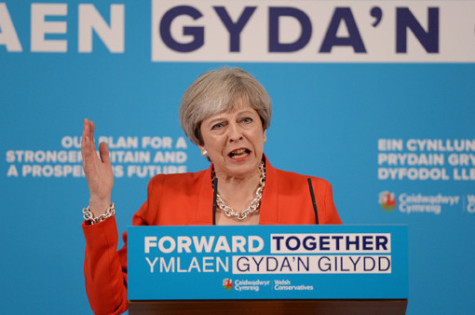 Conservative party leader Theresa May during the Welsh Conservative manifesto launch at Gresford Memorial Hall, Gresford, Wrexham.