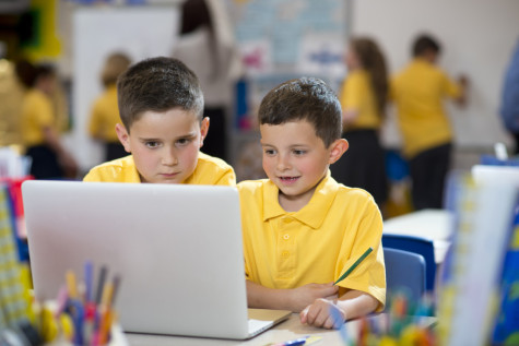 primary schoolboys looking at a laptop in school