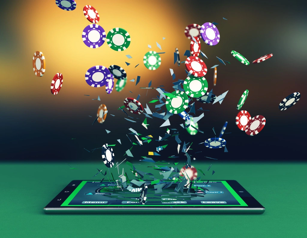 tablet pc with a poker app and poker chips coming out by breaking the glass, concept of online gaming (3d render)