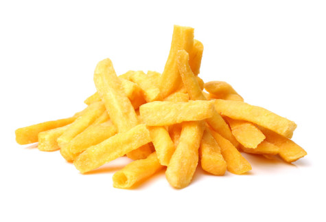 a pile of french fries on white background